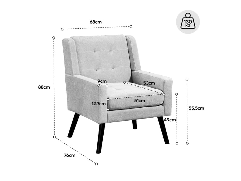  Fauteuil d'accent  68x76x88cm – style mid-century modern - avec assise rembourrée capitonnée et pieds en bois massif – lin - vert  - Conforama C