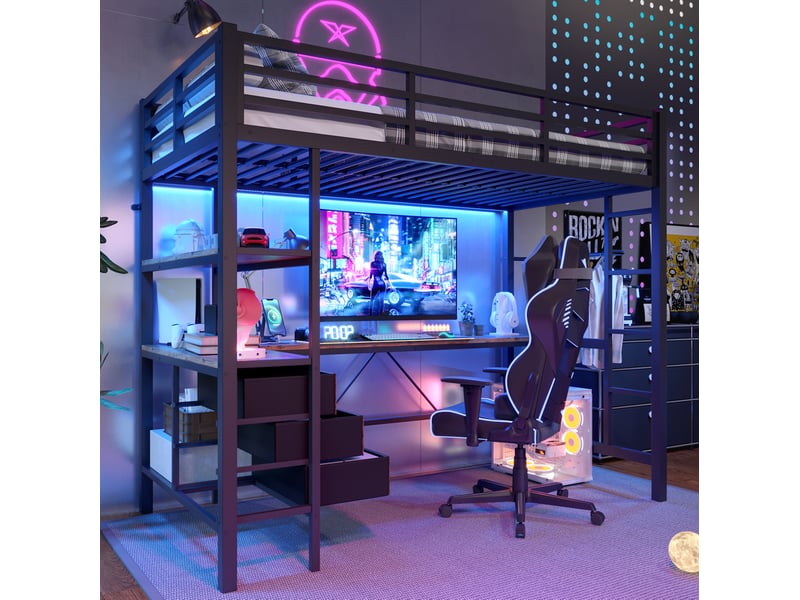  Lit mezzanine 90x200 cm, led ambiant, bureau avec prise et usb, 3 tiroirs, rangement, métal mdf, noir, sans matelas  - Conforama W
