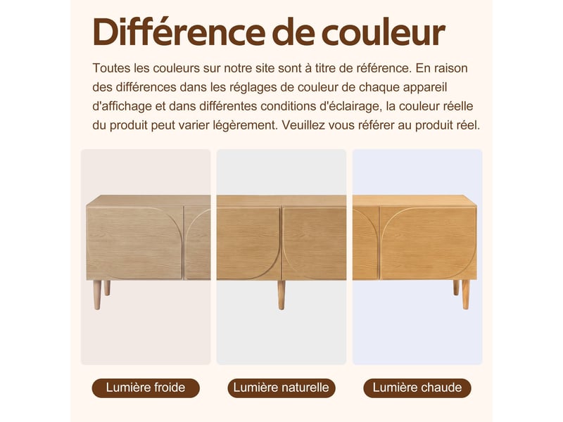  Meuble tv, 180 x 40 x 47,5 cm, 2 portes, 2 tiroirs, façade à motif en relief incurvé, sans poignées, pieds en bois, naturel GL9756N - Conforama R