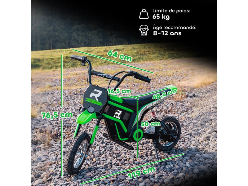 Moto cross électrique enfant moto électrique enfants moteur 350 w batterie 12v 8-16 kmh pneus gonflables 12'' vert - Conforama E