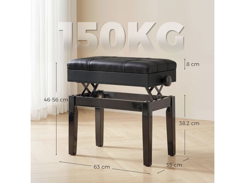 Tabouret de piano avec hauteur réglable et coffre intégré en bois et similicuir aux dimensions 63x35x46-56cm en noir - Conforama C