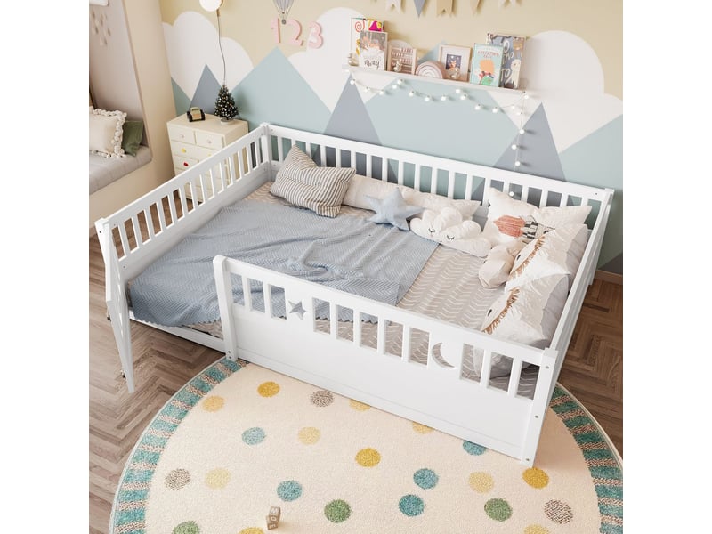  Lit enfant 140x190, avec barrière de sécurité, décoration étoiles et lunes, style minimaliste blanc lit cabane enfant  - Conforama B