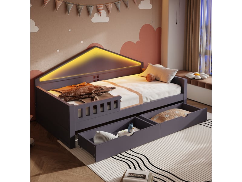  Lit enfant 90x200 cm gris avec bandeau led contrôlable, 2 tiroirs et sommier à lattes inclus  - Conforama E