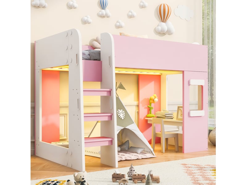  Lit mezzanine 90 × 200 cm 1 place avec bureau, éclairage led et échelle sécurisée, sans matelas, rose  - Conforama C