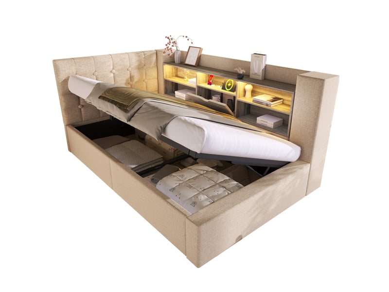  Lit 90x190 cm avec led, rangement hydraulique, tête de lit l réversible, bois, métal, beige sans matelas  - Conforama E