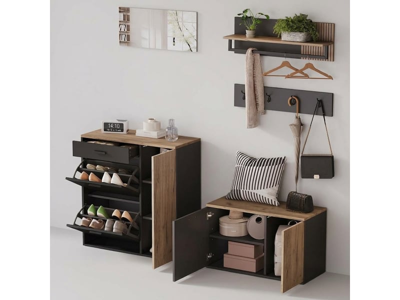  Ensemble meuble d’entrée 5 pièces avec miroir, banc et rangements, bois naturel et noir  - Conforama E