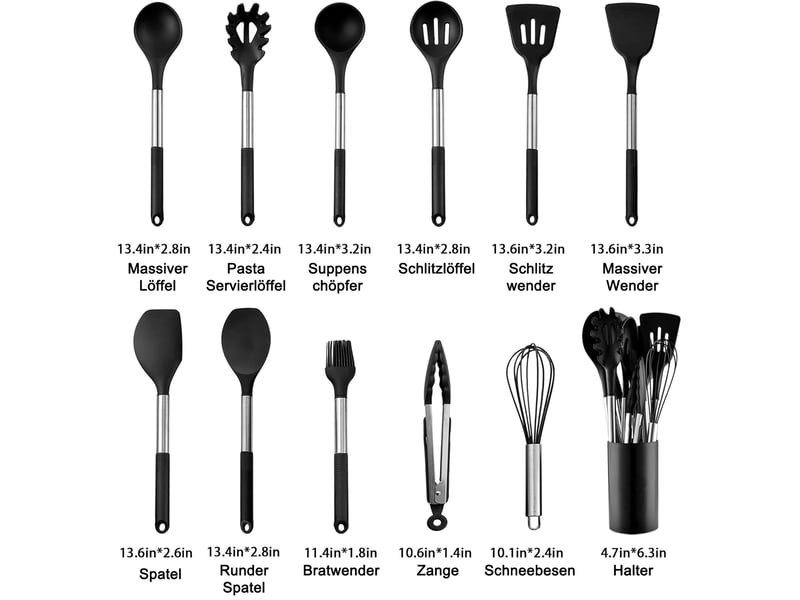 Lot de 12 ustensiles de cuisine,meulva,35x12x12 cm,silicone,noir - Conforama C