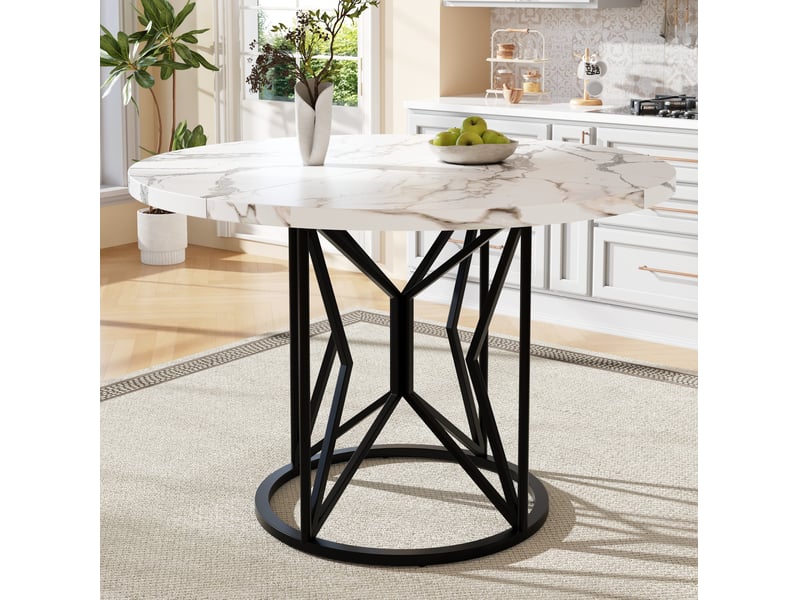  Table à manger ronde 100 x 100 x 76 cm, mdf effet marbre, piètement métal noir  - Conforama B
