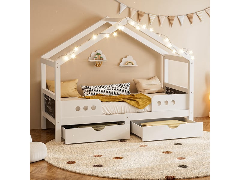 Lit cabane enfant toit 2 grands tiroirs cadre bois mdf vernis uv inodore charge max 120 kg adapté matelas 90x200 cm blanc  - Conforama D