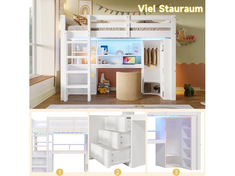 Lit mezzanine enfant 90x200 cm, led, armoire, bureau, tiroirs et compartiments de rangement, pin blanc, sans matelas - Conforama D