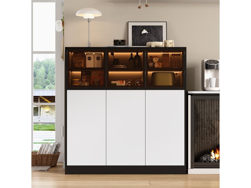 Buffet de cuisine noir et blanc 6 portes avec éclairage led 100 cm - Conforama W