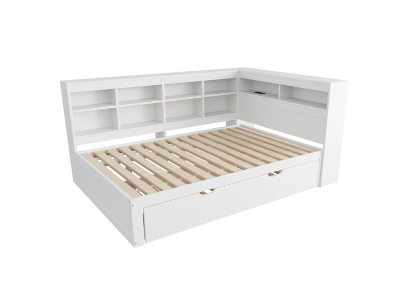  Lit 2 places 140x200 cm avec lit gigogne 90x190 cm, usb, coloris blanc  - Conforama D