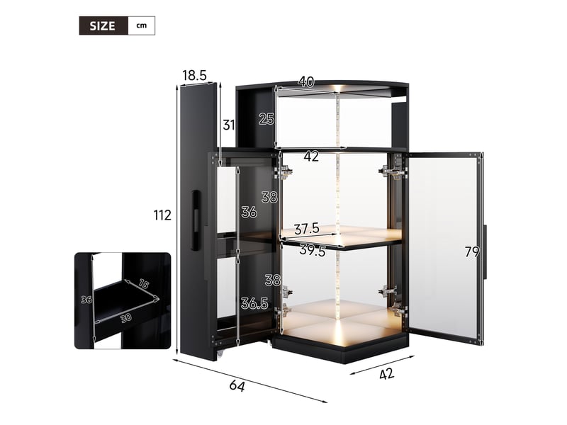  Vitrine en verre 64 x 42 x 112 cm – noir – led multicolore et rangement coulissant – design moderne  - Conforama C