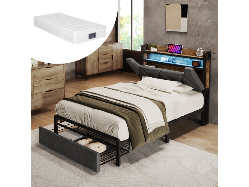  Lit rembourré, lit enfant 90x200 cm, tiroirs intégrés, rangement intégré, tête de lit avec rangement, métal gris, matelas inclus  - Conforama A