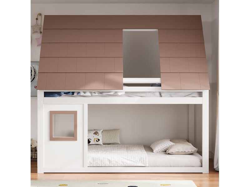  Lit superposé 140x200 cm, lit enfant, 1 sommier, design maison, toit et échelle, mdf et bois, blanc brun, sans matelas  - Conforama E