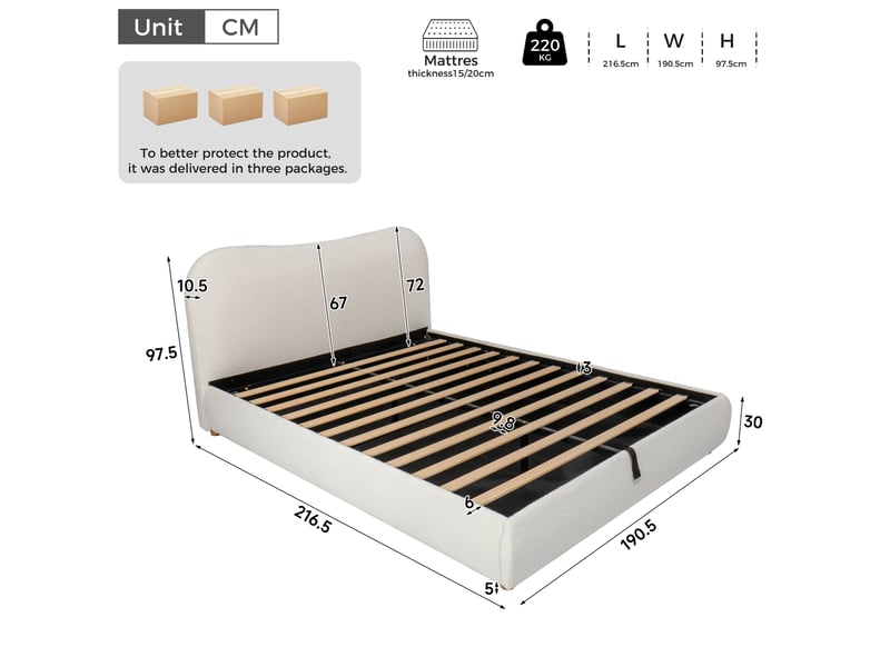 Lit coffre double 180x200 cm, lit adulte avec rangement hydraulique, pieds en bois, tissu couleur blanc sans matelas - Conforama C