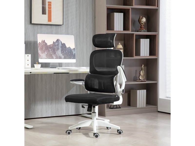  Chaise de bureau ergonomique noire avec appuie-tête réglable, dossier maille et accoudoirs relevables  - Conforama C