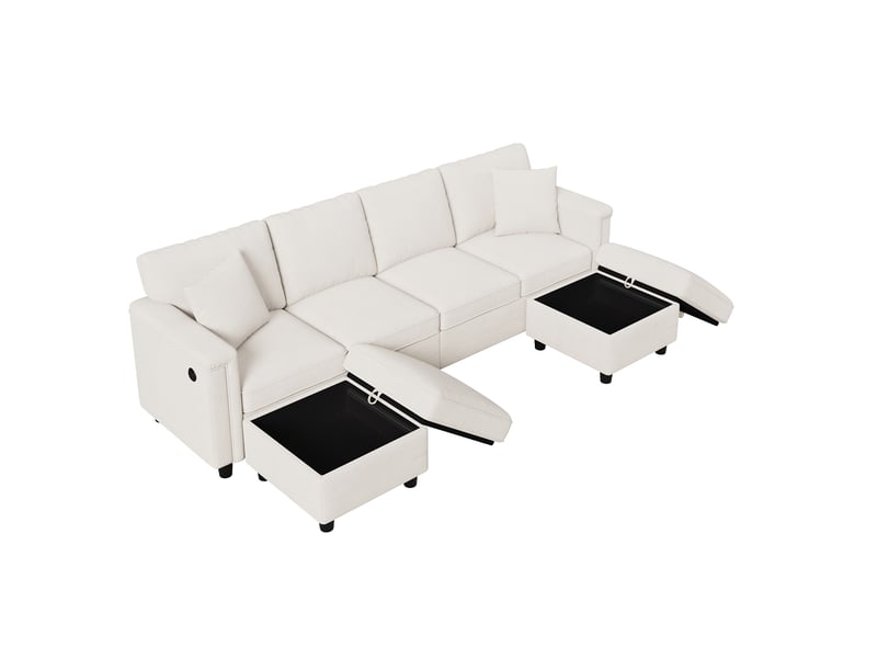 Canapé modulable d'angle en l ou u,261x134x82cm,canapé 6 places en tissu chenille,2 poufs de rangement, ports usb et type-c,beige - Conforama A