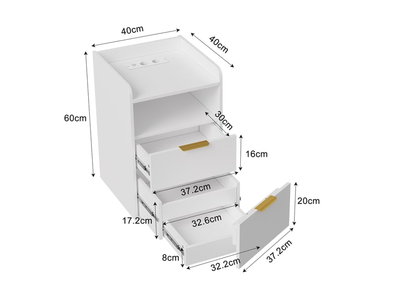  Table de chevet 40x40x60 cm avec station de charge, compartiment caché, bout de canapé led rgb et prises usb a c, avec 2 tiroirs, blanc  - Conforama E