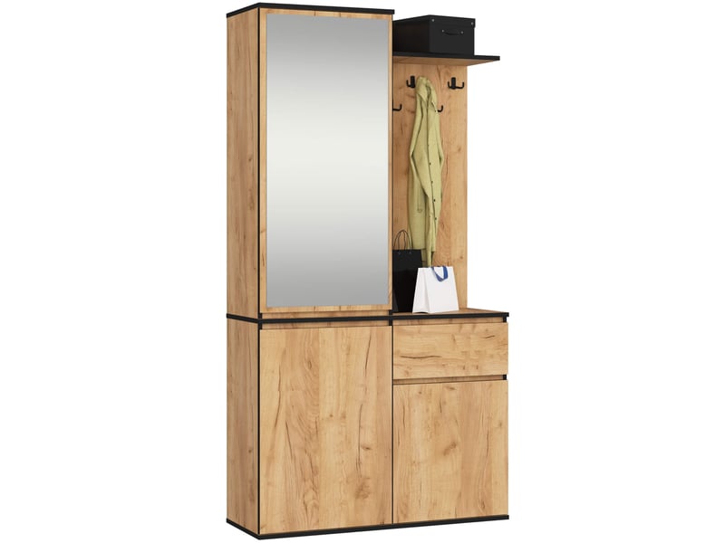  Ensemble de meubles d'entrée entro chêne craft avec armoire et miroir 95 cm 3 portes 1 tiroir 7 étagères 95x35x183 cm Ensemble d'entrée ENTRO - Conforama A