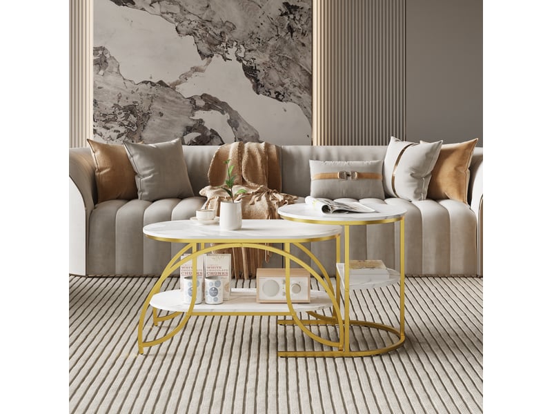  Table basse gigogne 8052cm blanc et doré - design moderne avec plateau effet marbre et double étagère de rangement  - Conforama E