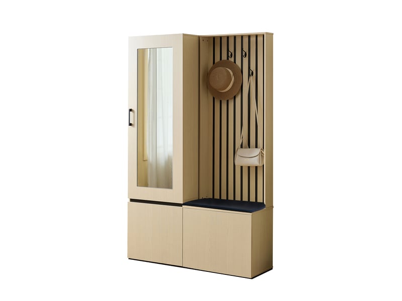 Vestiaire d'entrée avec miroir et banc à chaussures - ensemble meuble d'entrée moderne mdf bois clair - Conforama B
