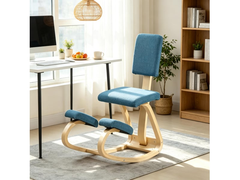 Chaise de bureau à genoux avec dossier et base à bascule, soutien postural, en bois et tissu bleu foncé - Conforama C