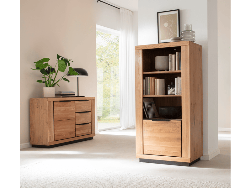  Bibliothèque 3 niches ouvertes et 1 porte de rangement coloris chêne massif huilé  - longueur 72 × hauteur 142 × profondeur 40 cm  - Conforama B