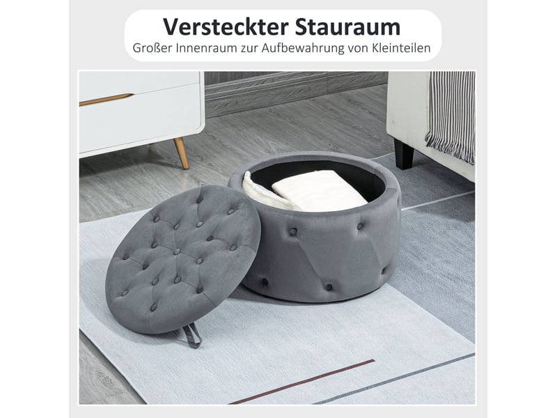  Pouf de rangement tcqpz rond capitonné gris ø60 x 40 cm en polyester avec couvercle  - Conforama D