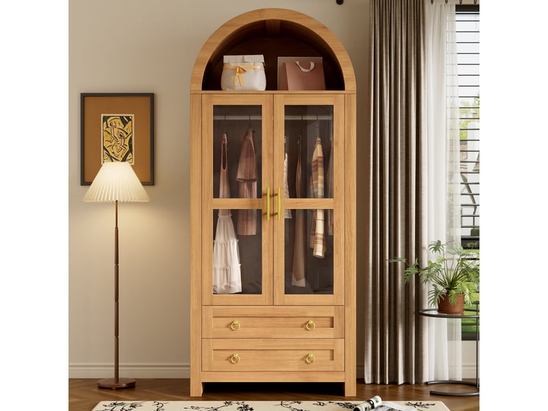  Armoire penderie 76x50x185 cm - 2 portes vitrées - 2 tiroirs - niche - led réglables - design arqué - mdf - chêne CozyNest - Conforama D