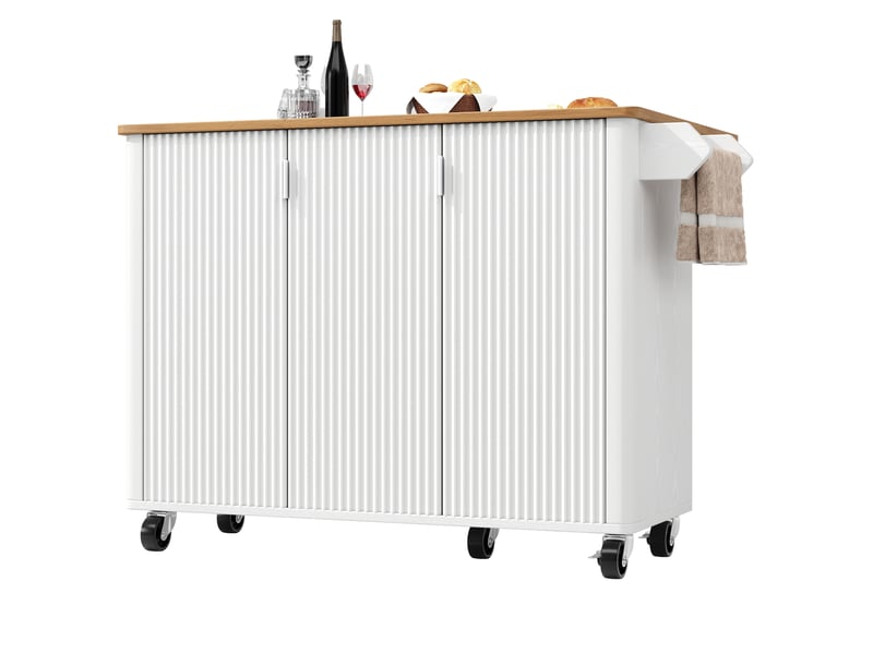 Îlot de cuisine 130x45(75)x92 cm avec 3 portes et plateau pliable, bois et blanc - Conforama R