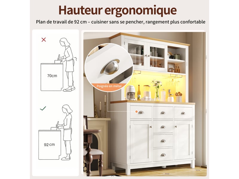  Meuble de cuisine muvano blanc 4 portes avec éclairage led, buffet haut 104 x 40 x 180 cm  - Conforama W