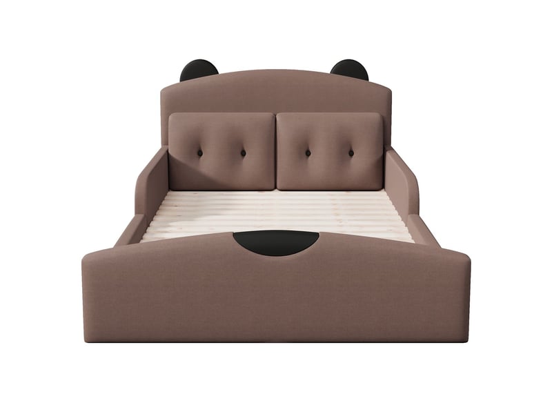  Cadre de lit 140 x 200 cm tête de lit rembourrée structure plateforme revêtement en lin design ours 2 coussins décoratifs  - Conforama A