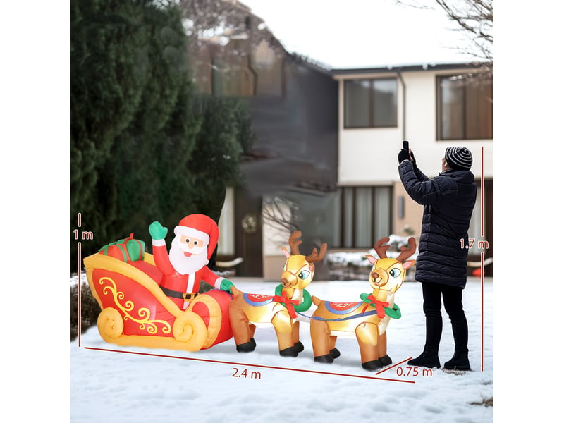  Père noël gonflable de 2,4 m avec traîneau et rennes, 6 lumières led et gonfleur inclus pour une utilisation intérieure et extérieure.  - Conforama E