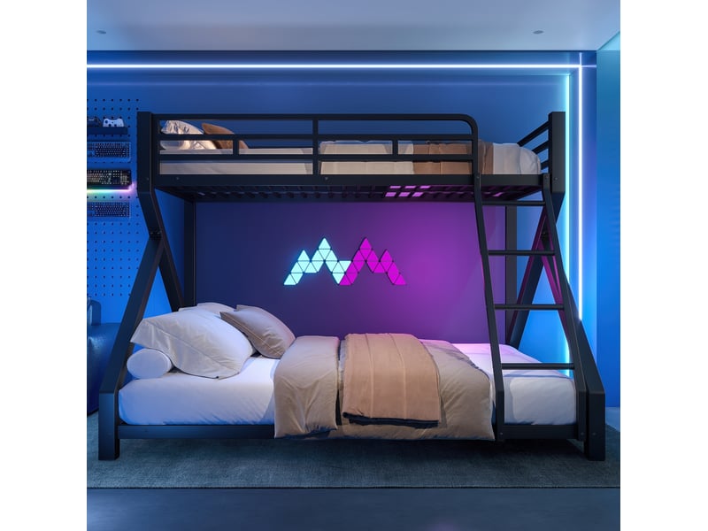 Lit superposé 90 × 200 cm et 140 × 200 cm avec led, sécurité, échelle, sans matelas, métal noir - Conforama C