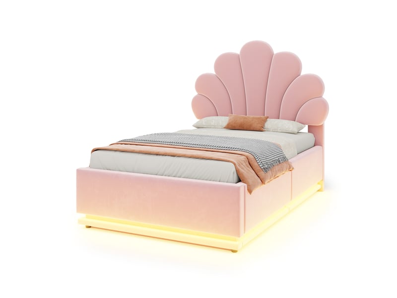  Lit coffre rembourré 90x200cm avec led et tête de lit fleur - velours - rose CozyNest - Conforama A