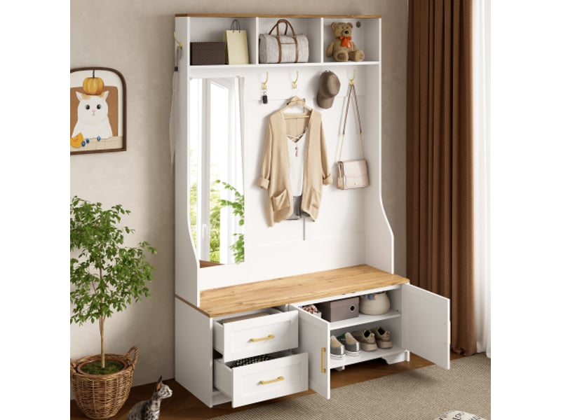 Porte-manteau d'entrée multifonction led avec miroir, crochets, tiroirs et assise – rangement chaussures - Conforama B