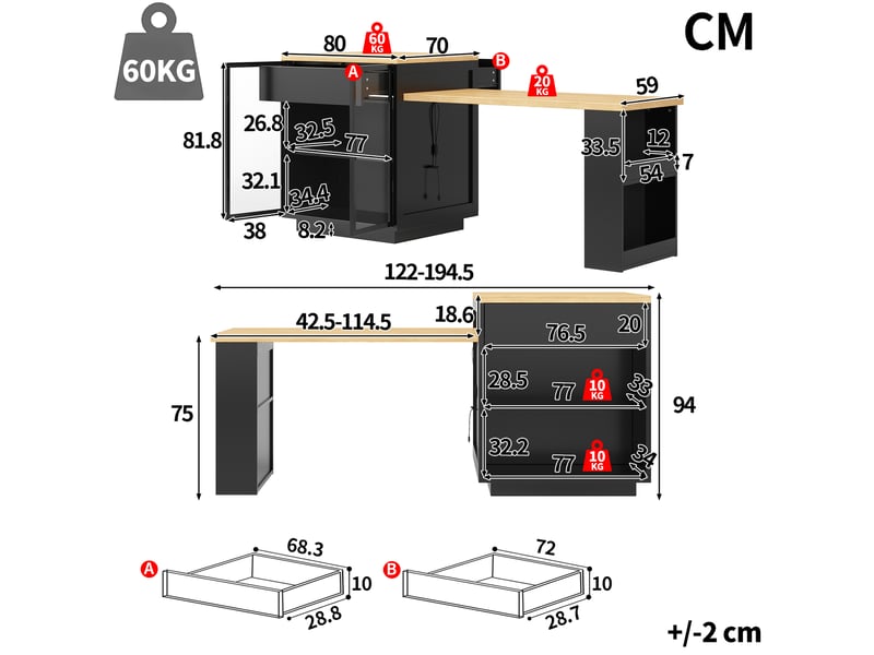  Îlot de cuisine extensible en table à manger 122 à 194,5 cm, led et usb, noir  - Conforama E