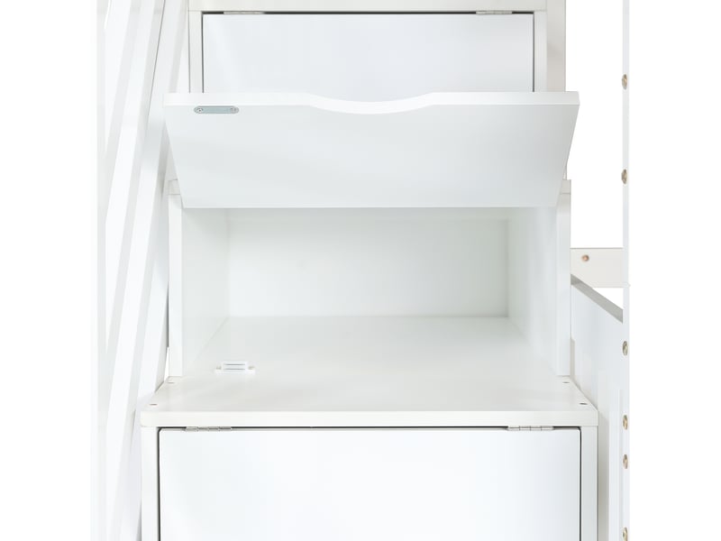 Lit superposé enfant 200×90 cm et 200×90 cm avec escalier de rangement et 2 tiroirs, sans matelas, blanc et naturel - Conforama E
