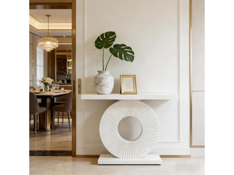  Console d'entrée avec structure métallique, base géométrique et patins réglables pour entrée, salon, en mdf et métal blanc  - Conforama B