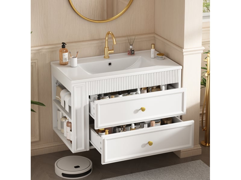  Meuble sous vasque suspendu 81x47x52 cm blanc avec lavabo en céramique  - Conforama E