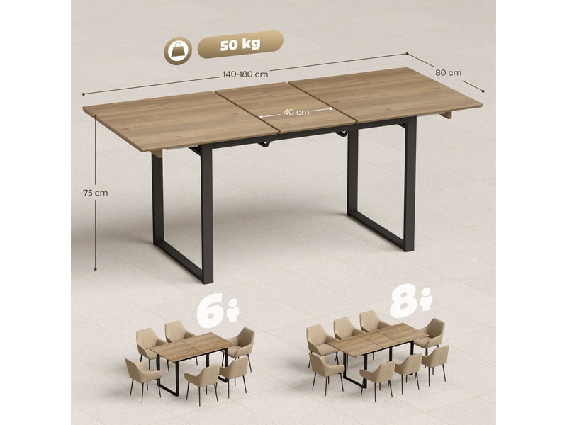  Table à manger extensible rectangle pour 6 à 8 personnes, effet bois naturel, table de cuisine avec rallonge 140-180 cm  - Conforama C