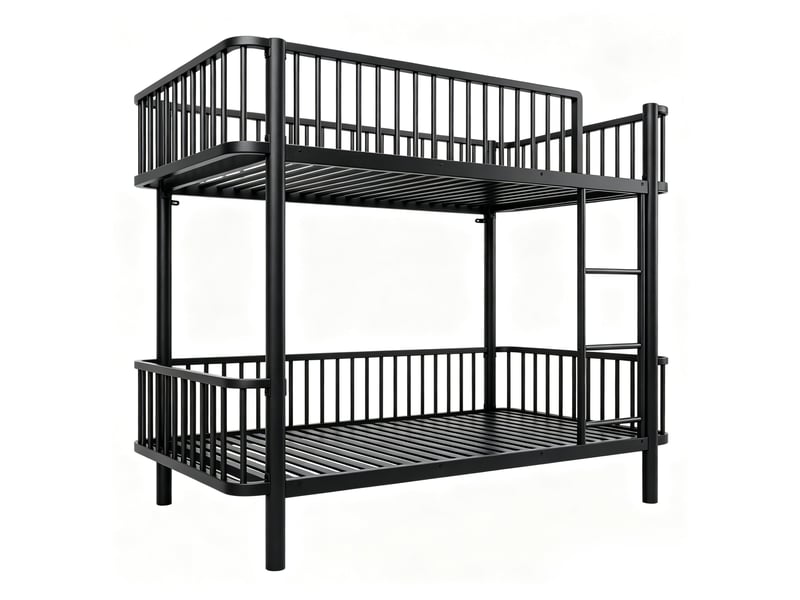  Lit superposé 90 x 200 cm gain de place, angles arrondis et barrières de sécurité, métal noir sans matelas  - Conforama E