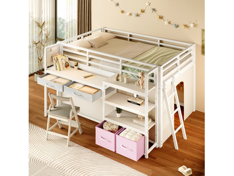  Lit mezzanine enfant 140 x 200 cm en métal et mdf avec bureau, rangements, tiroirs en tissu, rideau et led blanc chicfurn  - Conforama C
