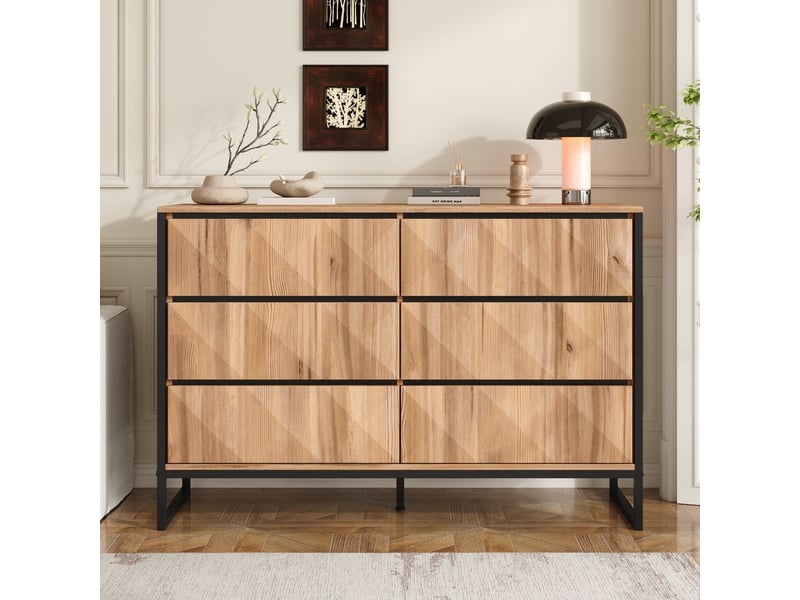  Buffet avec 6 tiroirs, pieds métal réglables, style moderne, pour salon, 120 x 40 x 80 cm, noir et naturel  - Conforama C