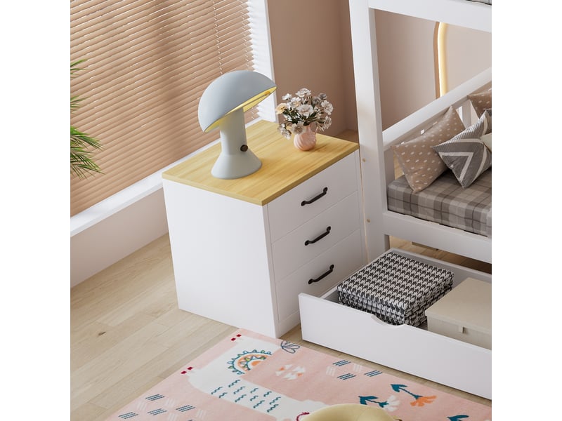 Lit superposé,90x200 cm,2 couchages avec rangements,bois,blanc et naturel - Conforama E