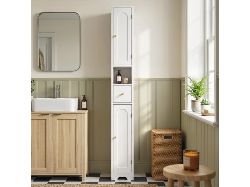  Meuble de salle de bain étroit avec tiroir, portes cintrées, compartiment ouvert, étagère réglable, 20 x 20 x 185 cm, blanc  - Conforama C
