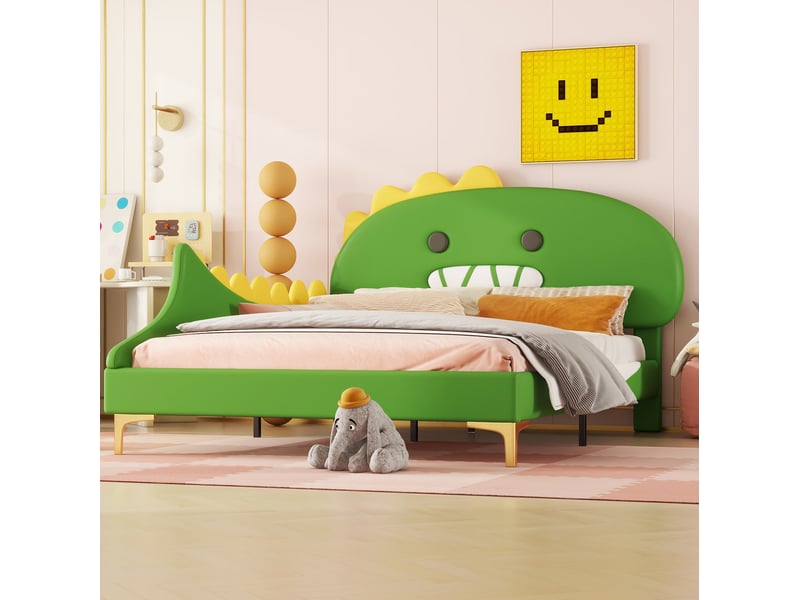  Lit enfant 140 x 200 cm forme dinosaure, en pu et mdf, avec sommier à lattes vert  - Conforama E