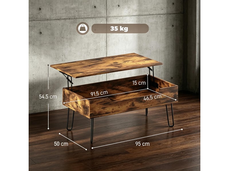  Table basse relevable avec compartiment caché et pieds métal pour salon, surface mélaminée noyer 95×50×40 cm  - Conforama D