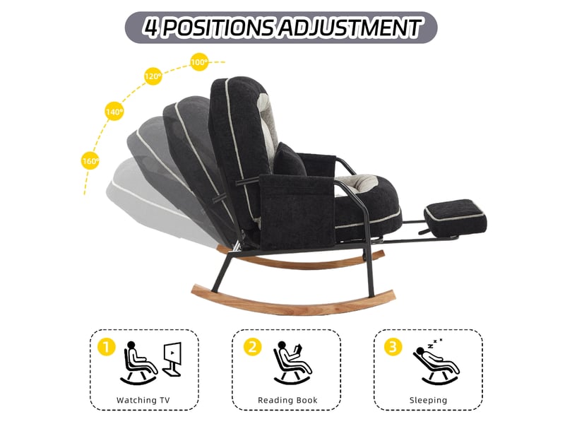 Fauteuil à bascule avec dossier inclinable, repose-pieds coulissant, poches latérales en tissu effet fourrure noir et gris - Conforama D
